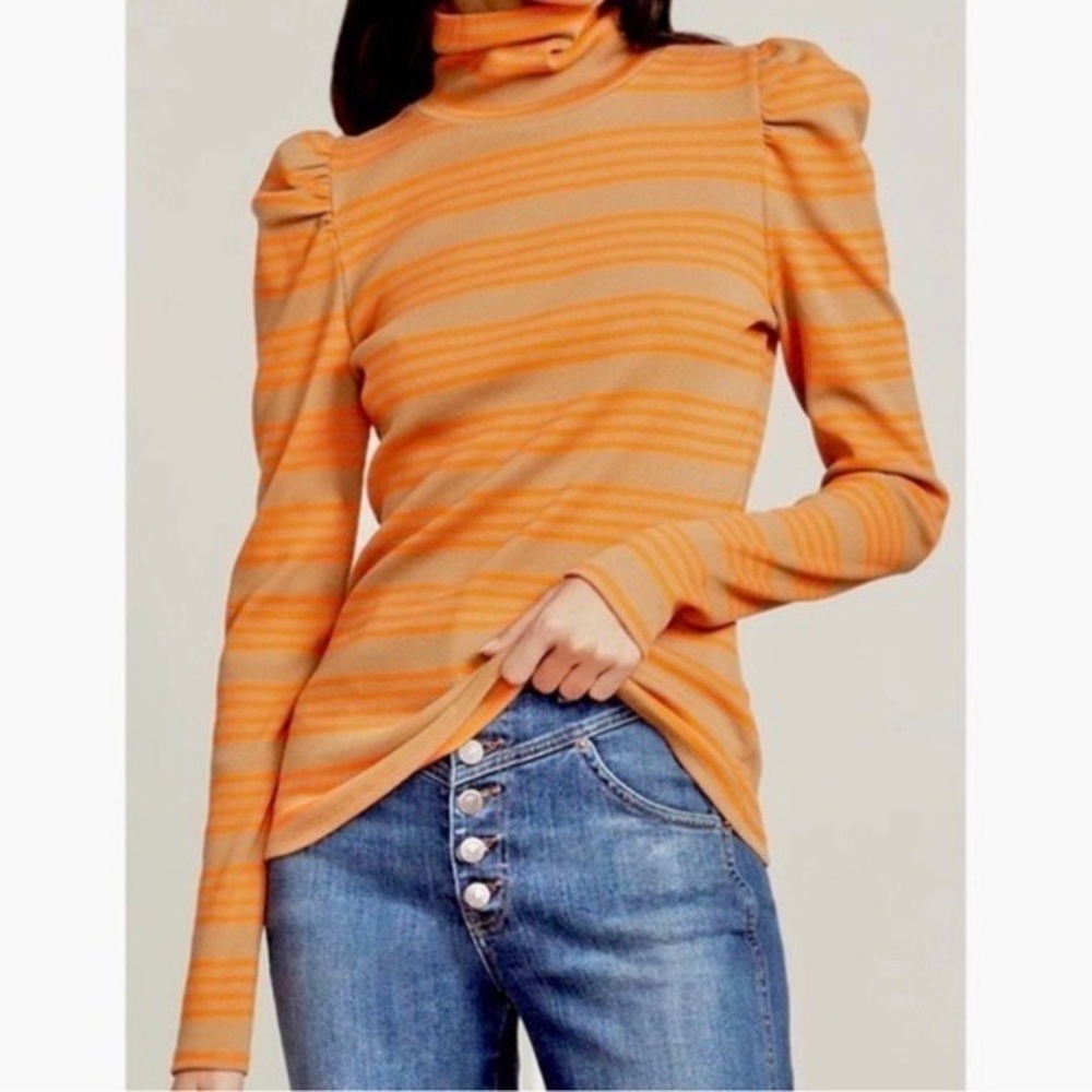 Veronica Beard Cedar Stretch Cotton Turtleneck M Orange and Brown Stripe NWT